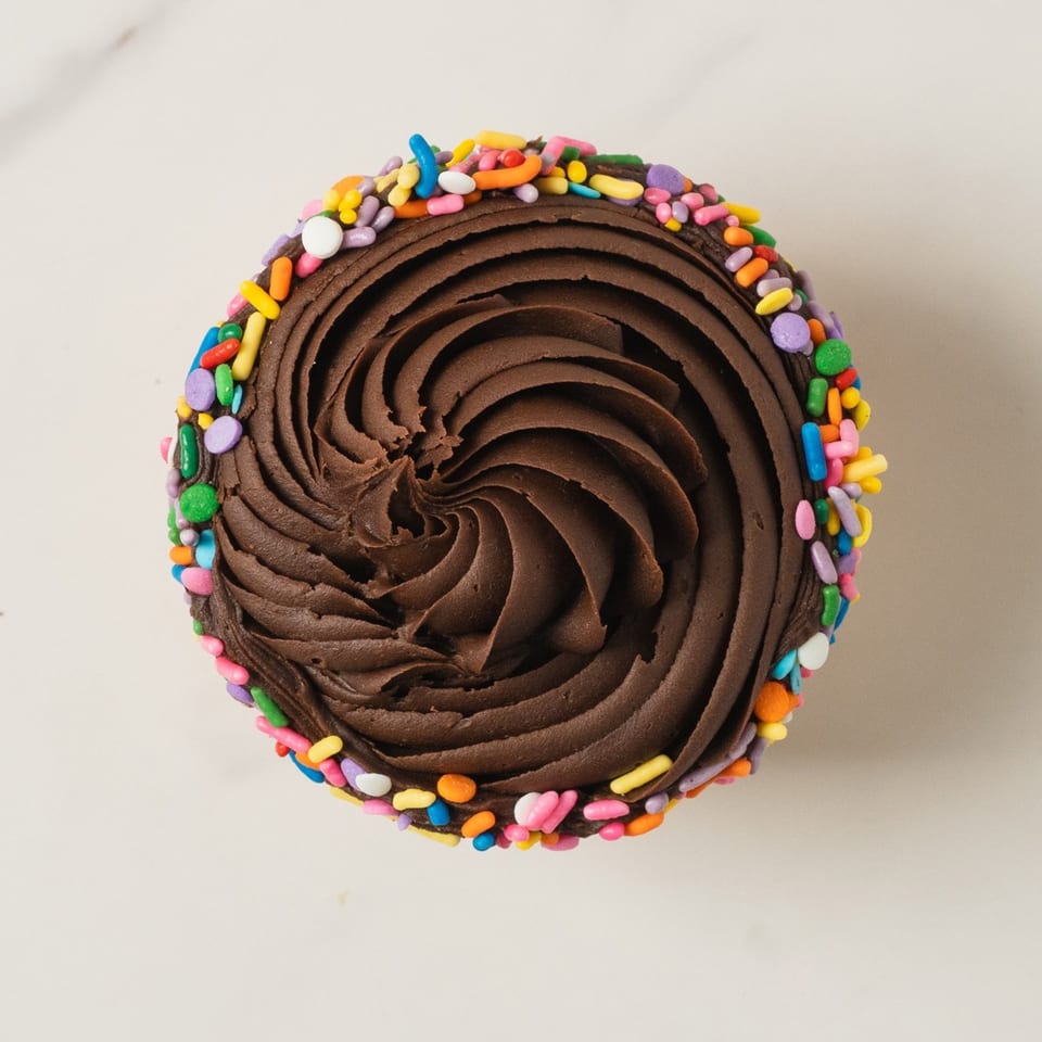 Overhead view of a chocolate cupcake with chocolate frosting and colorful sprinkles from Elmwood Pastry Shop.
