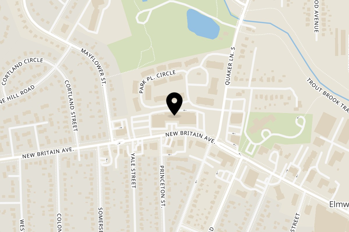Map showing the location of Elmwood Pastry Shop on 1136 New Britain Ave in West Hartford